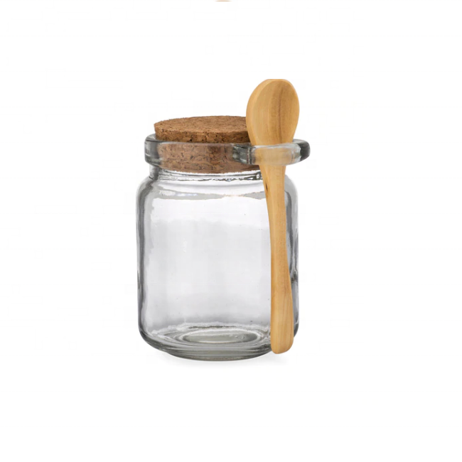 8oz kitchenware clear honey storage glass jar salt spice glass bottle and jar with wooden spoon