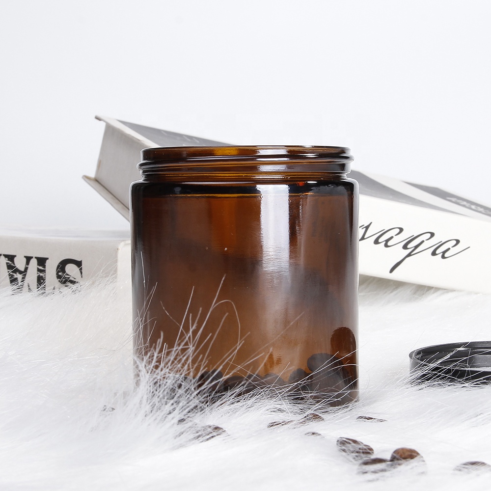 8oz straight side coffee beans storage sealed amber glass jar with black screw cap