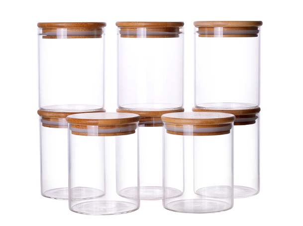 8pcs Glass Jars Contracted Design Cylinder Style Glass Storage Canister With Bamboo Lids Set Of 8 For Cereal Grains Tea