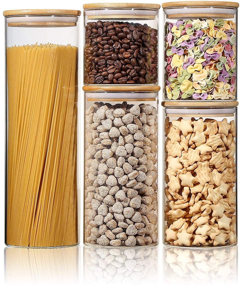 9.5cm Diameter 5pcs set High Borosilicate Airtight Glass Storage Jars Set with Bamboo Lids