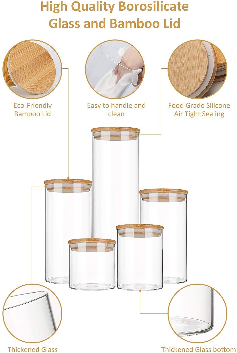 9.5cm Diameter 5pcs set High Borosilicate Airtight Glass Storage Jars Set with Bamboo Lids