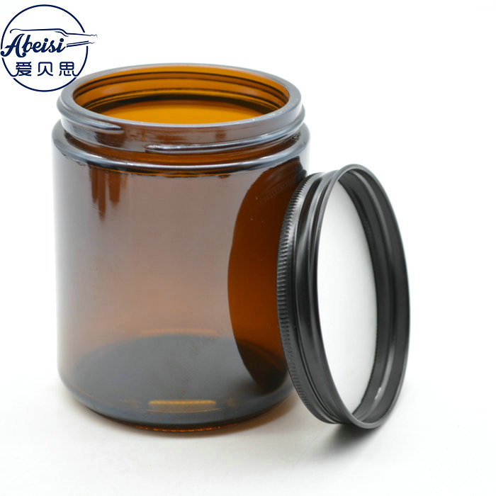 9 Ounce Amber Glass Straight Sided Cream Jars - With 70mm Black Metal Lids