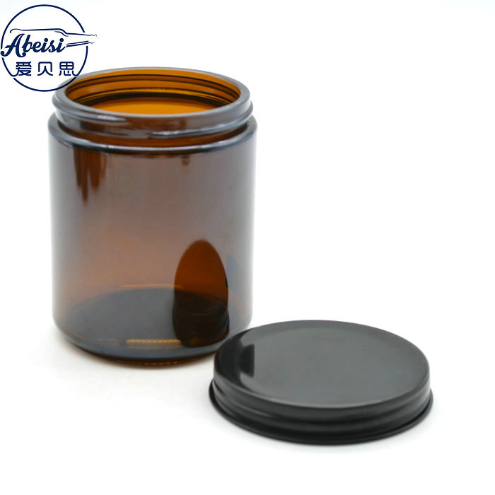 9 Ounce Amber Glass Straight Sided Cream Jars - With 70mm Black Metal Lids