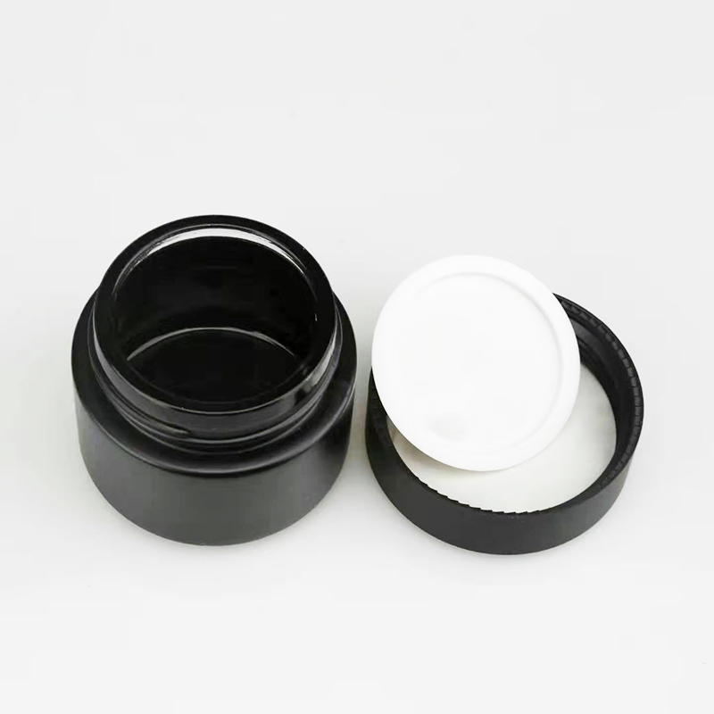 9 oz amber glass straight-sided round jar with 70-400 black metal lid