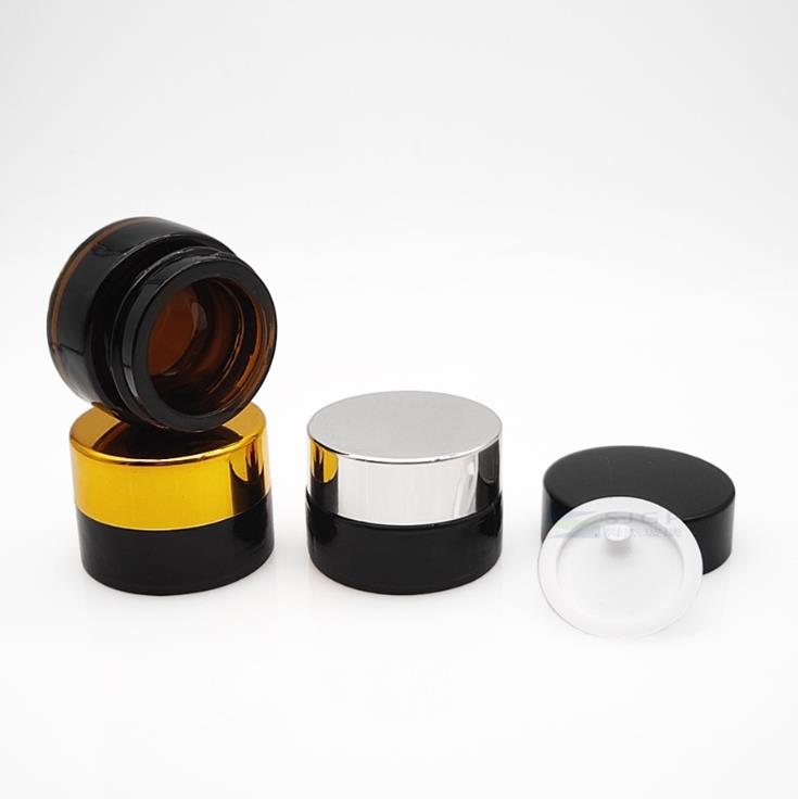 9 oz amber glass straight-sided round jar with 70-400 black metal lid