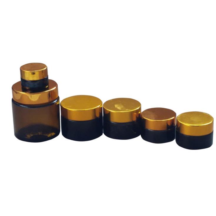 9 oz amber glass straight-sided round jar with 70-400 black metal lid