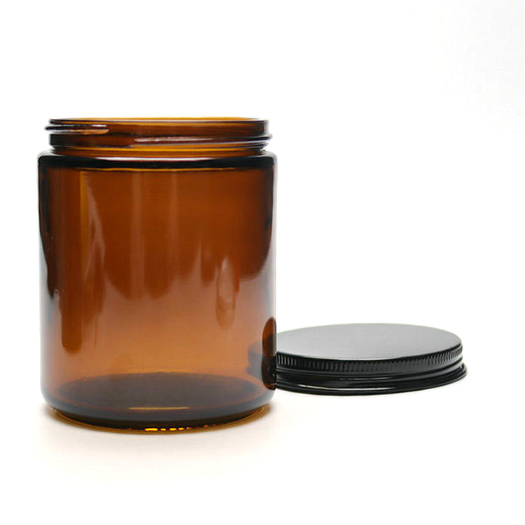 9 oz amber glass straight-sided round jar with 70-400 black metal lid