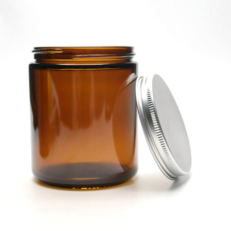 9 oz amber glass straight-sided round jar with 70-400 neck finish metal cap