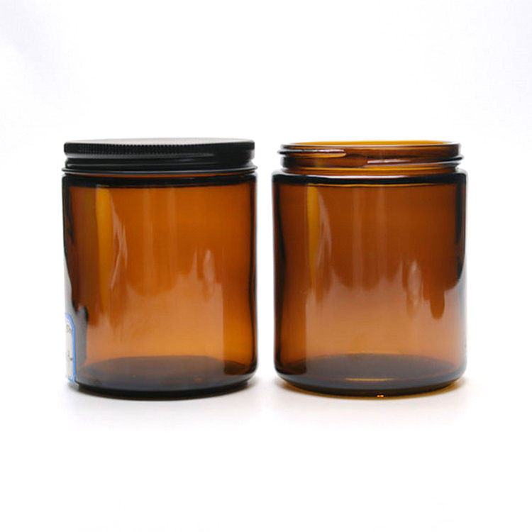 9 oz amber glass straight-sided round jar with 70-400 neck finish metal cap