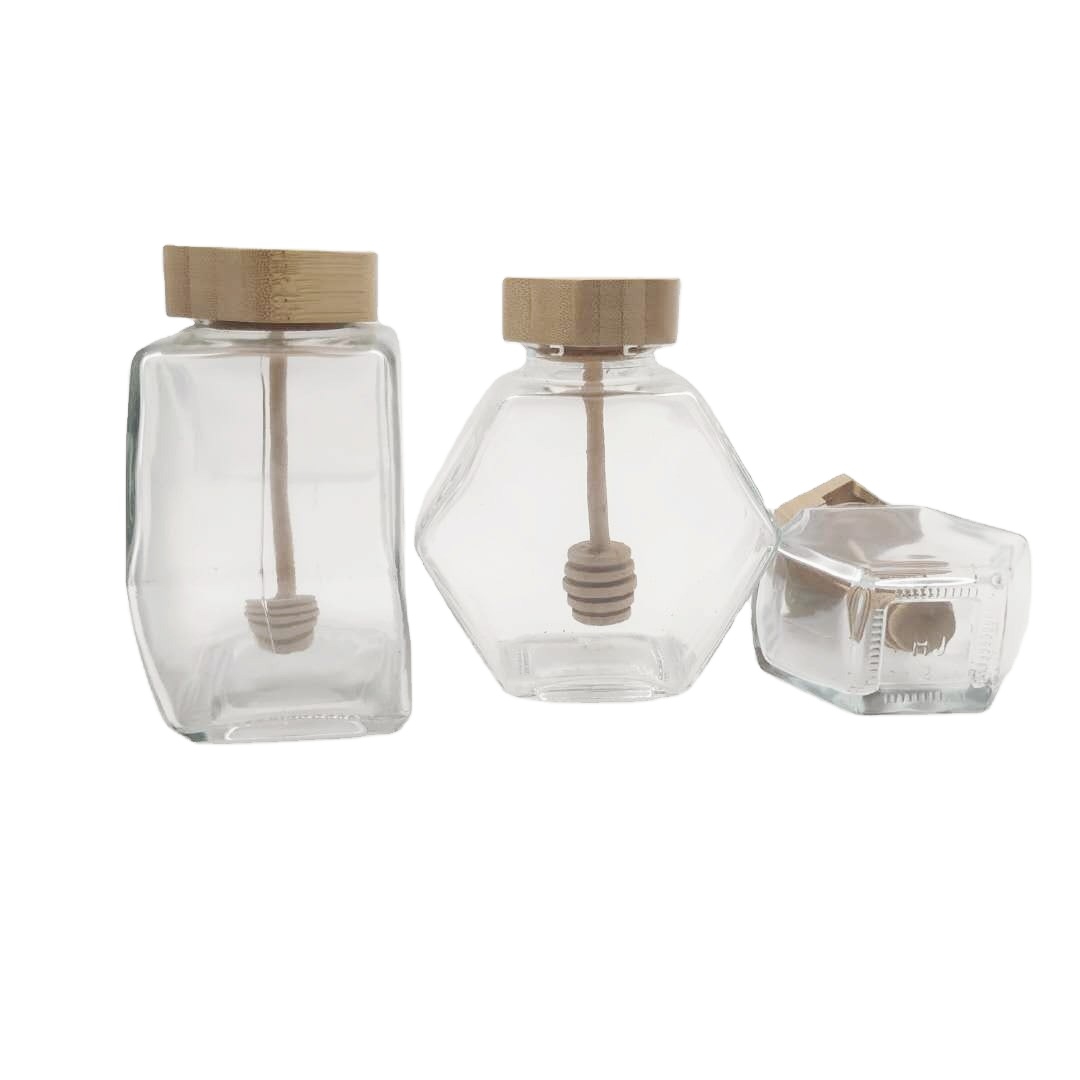 90ml 250ml 400ml Hexagon glass honey jar with wooden lid with stirring rod