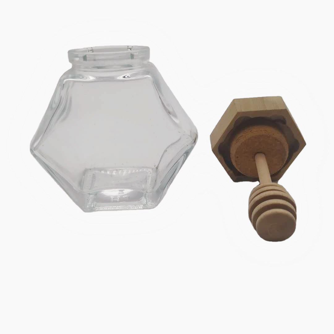 90ml 250ml 400ml Hexagon glass honey jar with wooden lid with stirring rod