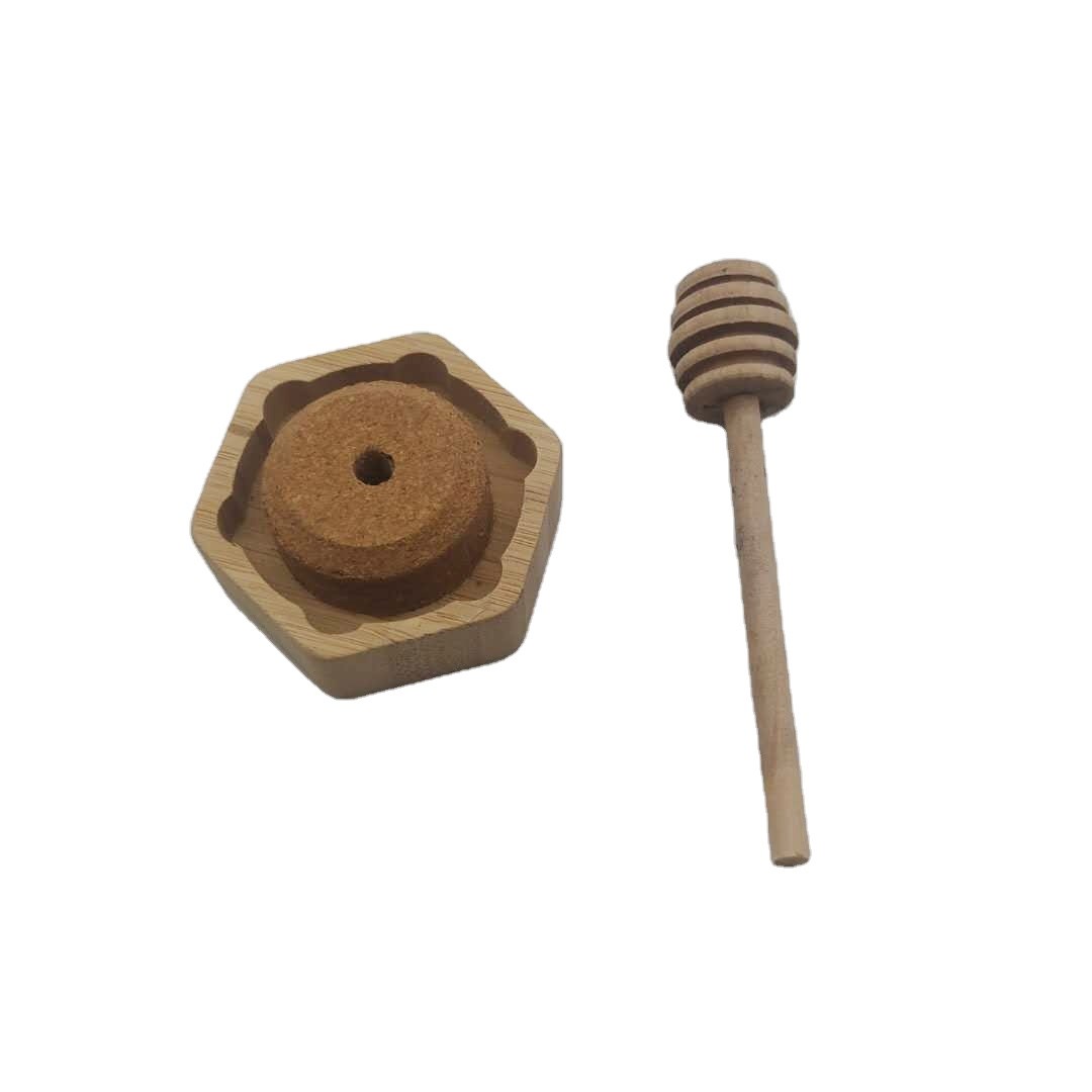 90ml 250ml 400ml Hexagon glass honey jar with wooden lid with stirring rod
