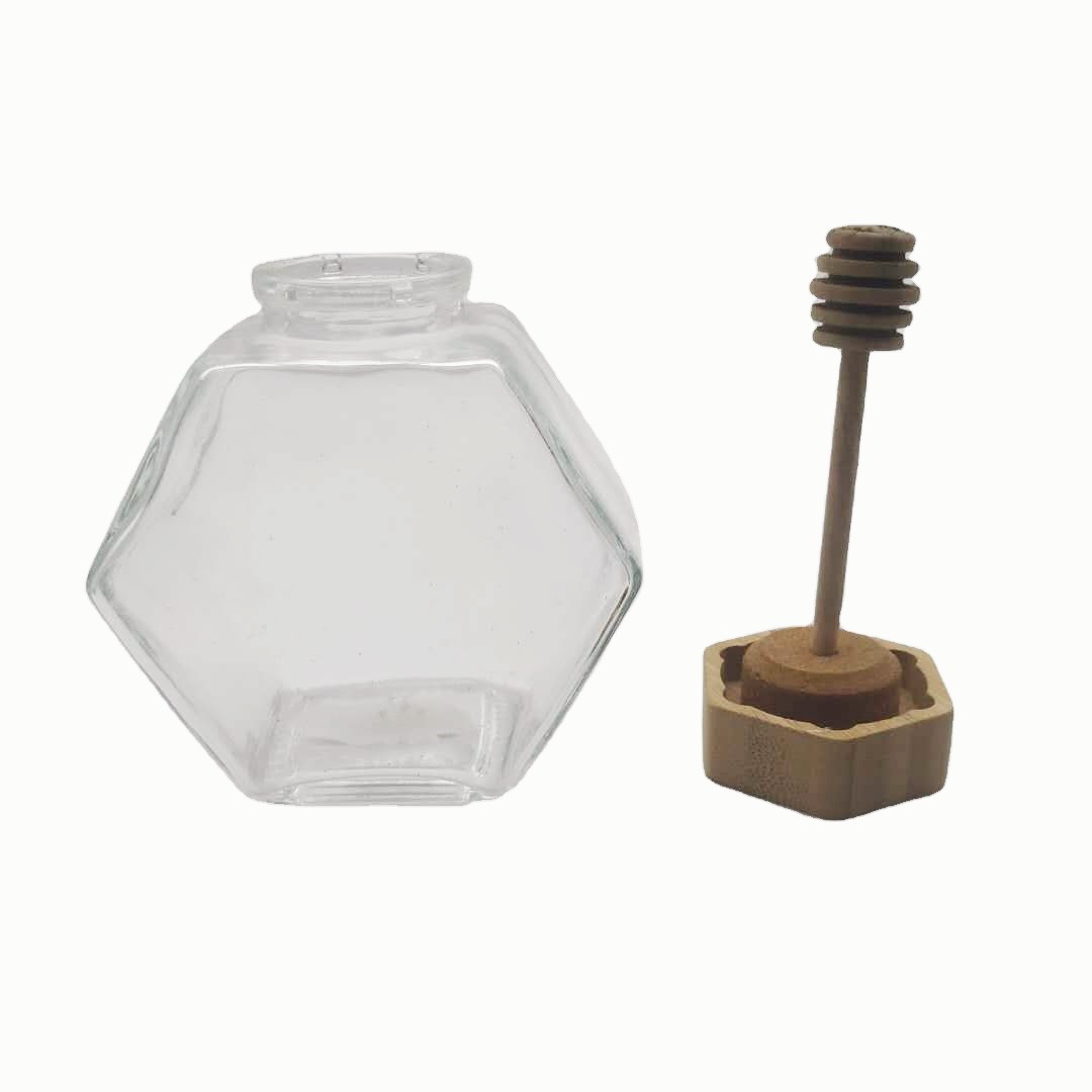 90ml 250ml 400ml Hexagon glass honey jar with wooden lid with stirring rod