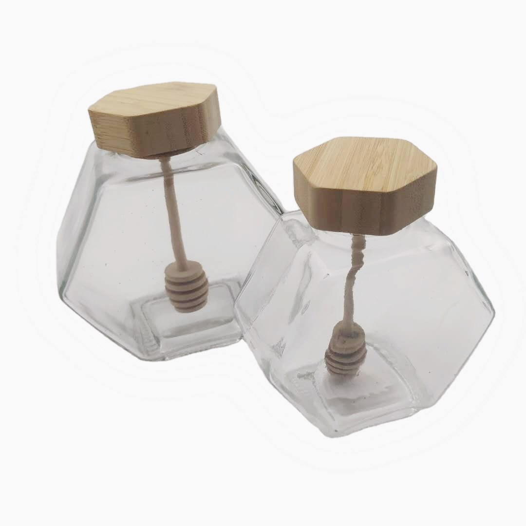 90ml 250ml 400ml Hexagon glass honey jar with wooden lid with stirring rod