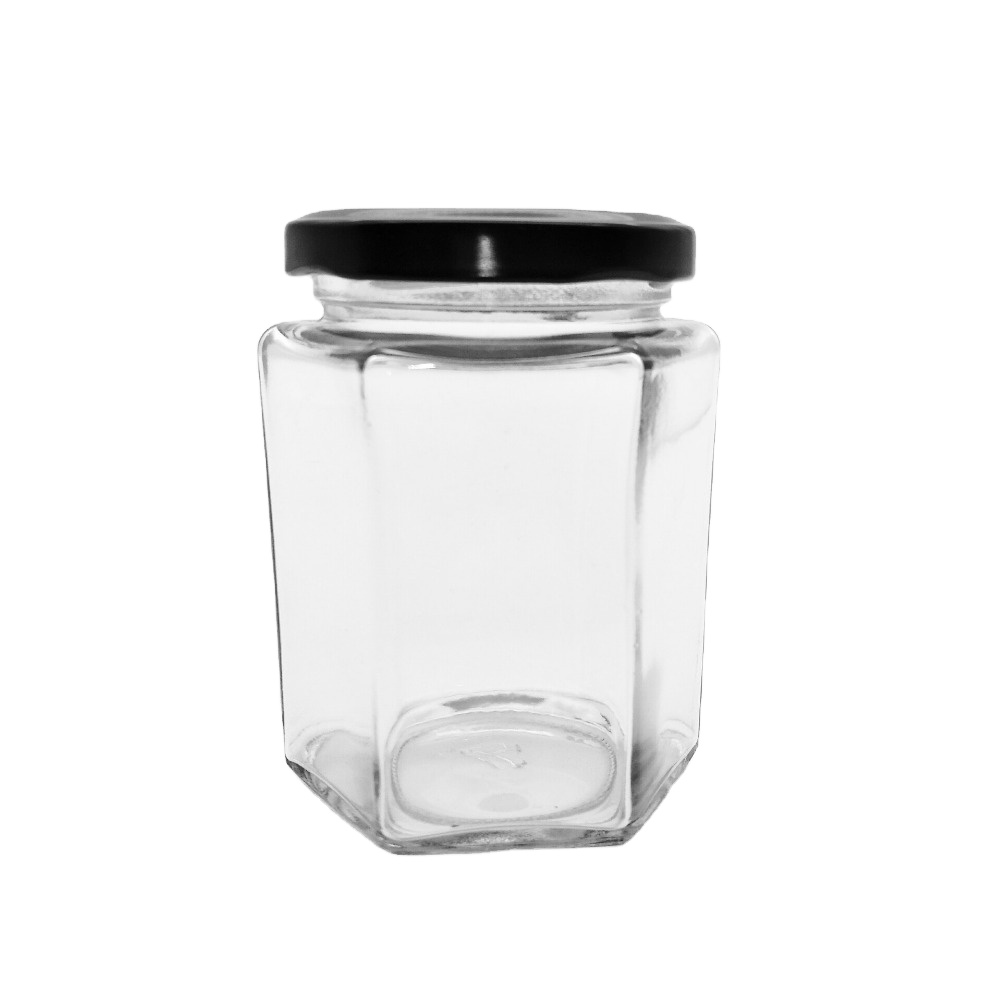 A cheap and durable hexagonal glass hexagonal glass jar with metal lid