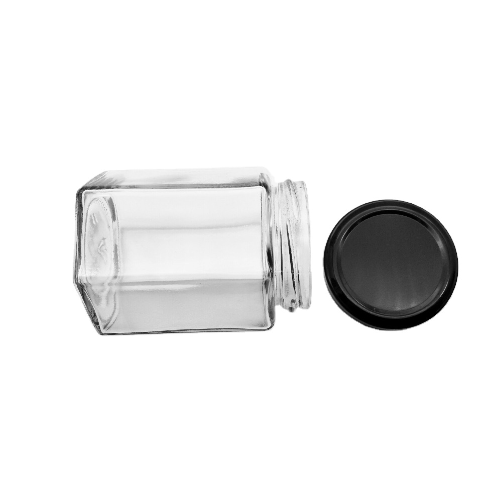 A cheap and durable hexagonal glass hexagonal glass jar with metal lid