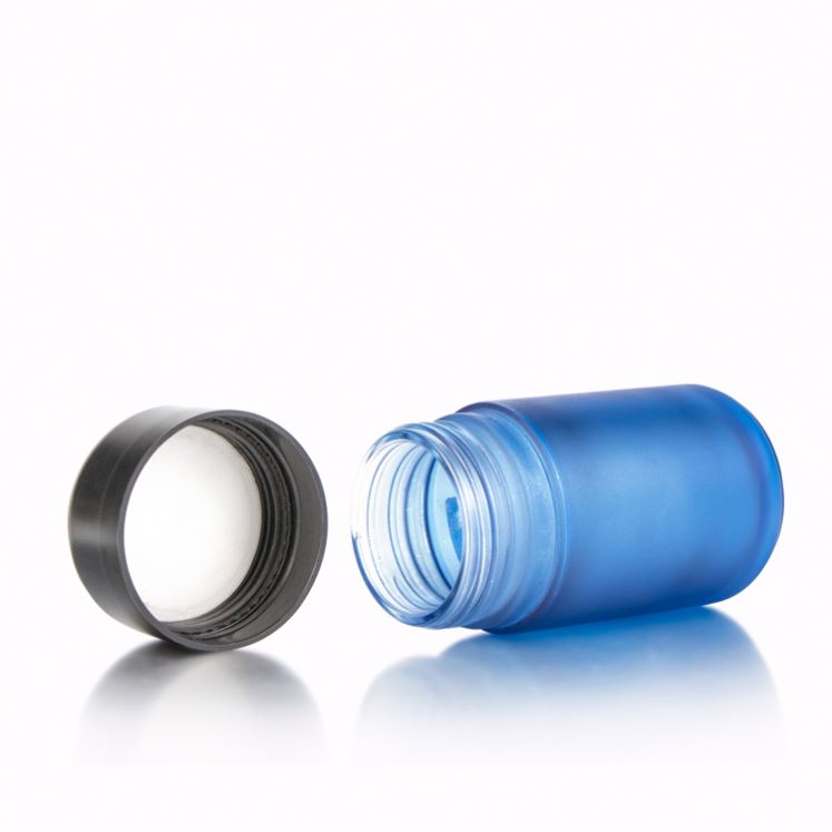A variety of capacity bamboo cbd flower packaging with child proof cap 1oz 50ml frosted blue glass jar with child resistant cap