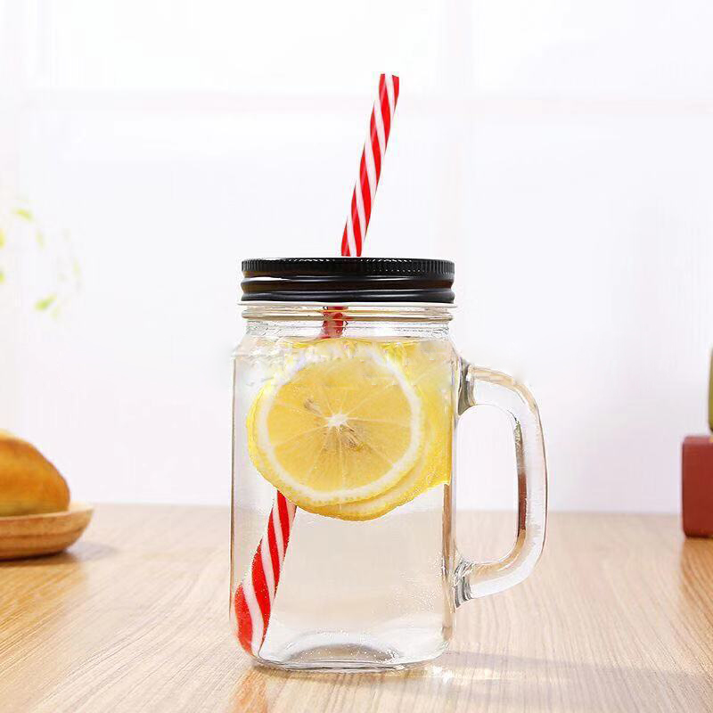 AA655 Vintage Glass Mason Jar Cup Fruit Icecream Infusion Clear Gradients Personality Handle Glass Cup Cold Drink Cups