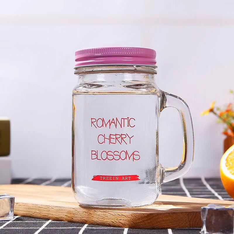 AA655 Vintage Glass Mason Jar Cup Fruit Icecream Infusion Clear Gradients Personality Handle Glass Cup Cold Drink Cups