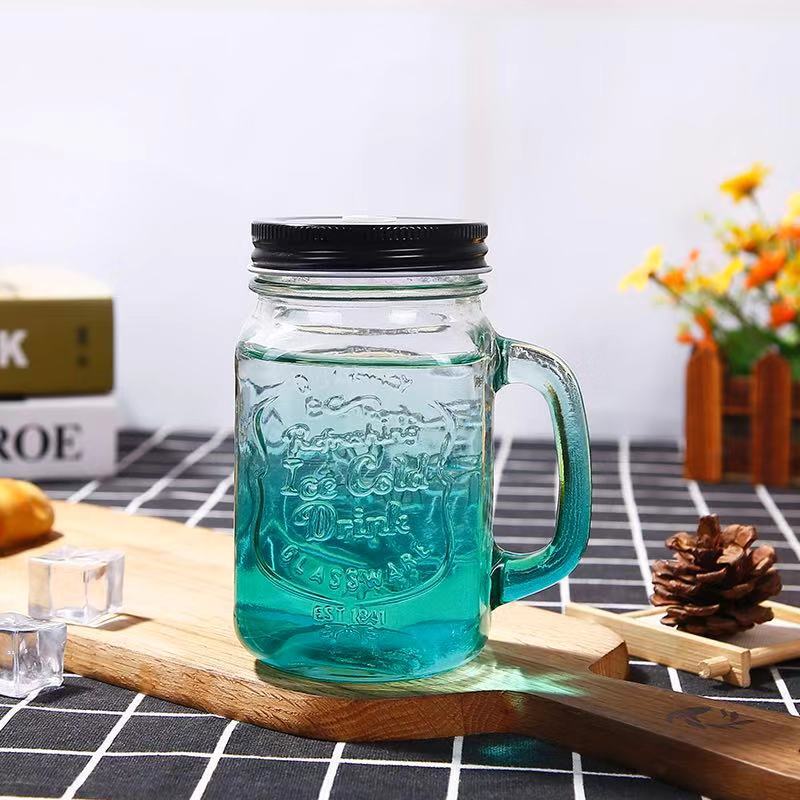 AA655 Vintage Glass Mason Jar Cup Fruit Icecream Infusion Clear Gradients Personality Handle Glass Cup Cold Drink Cups