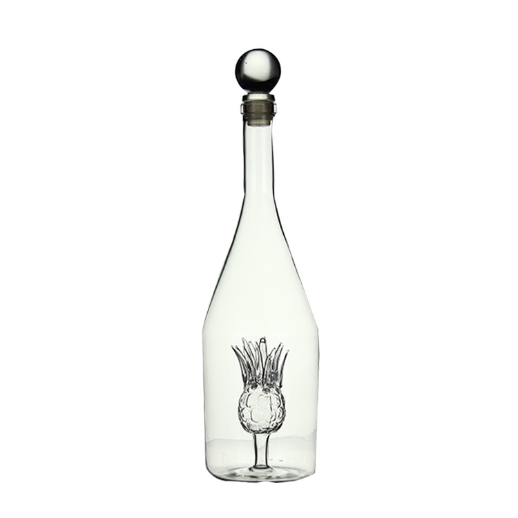 AIHPO06 Art Sale Fancy Drinking 750ml Empty Custom Handmade Pineapple Shaped Borosilicate Glass Liquor Bottle with Lid Corks