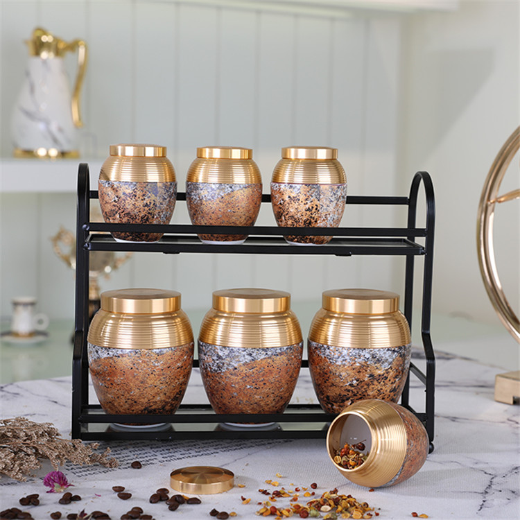 AMBER High quality mix color  unique design kitchen used 7 pcs porcelain canister set with metal stand