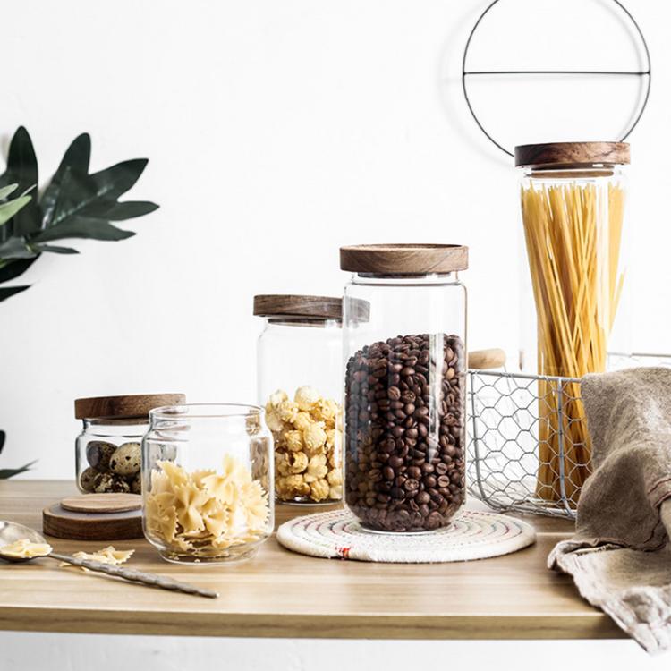 Acacia wood glass storage jar kitchen food grains coffee beans flower tea sealed jar transparent storage jar