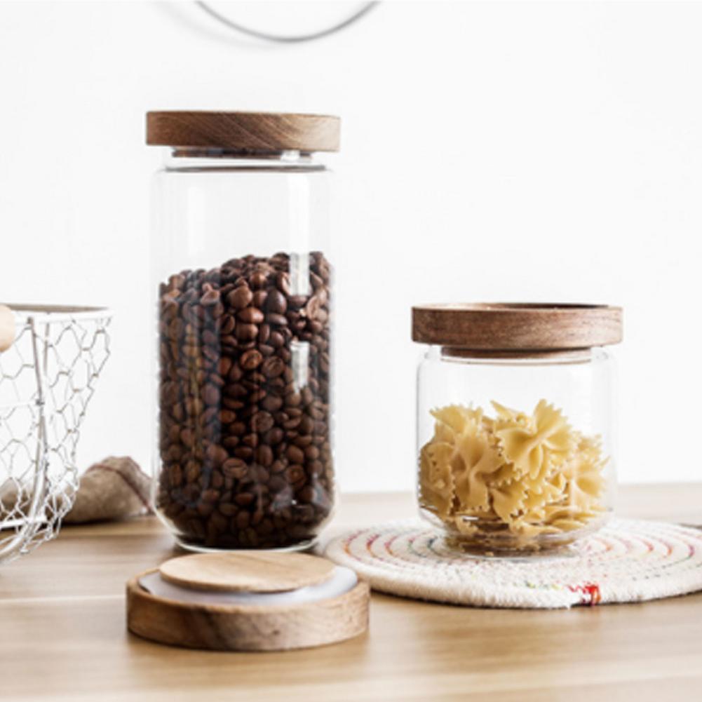 Acacia wood glass storage jar kitchen food grains coffee beans flower tea sealed jar transparent storage storage tank