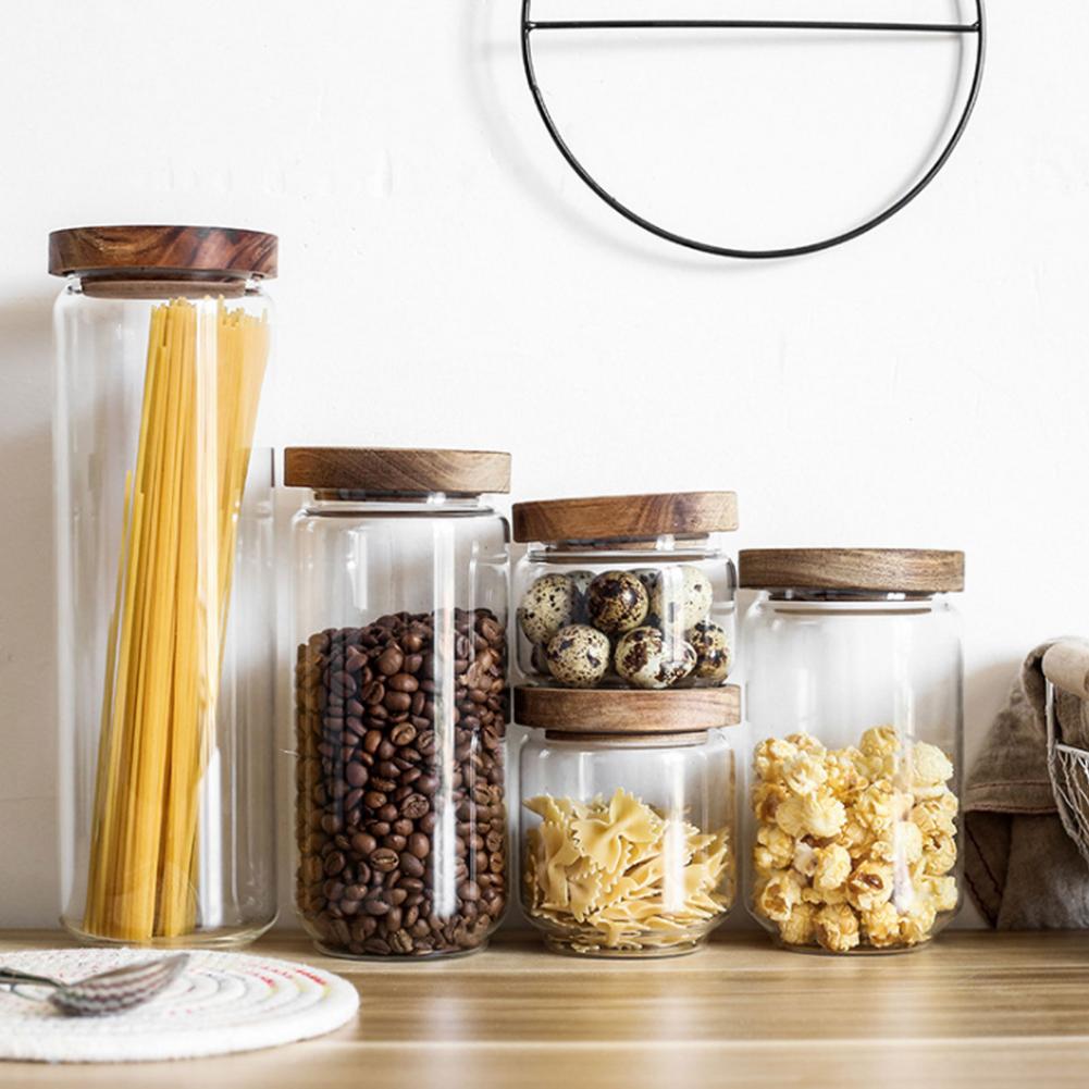 Acacia wood glass storage jar kitchen food grains coffee beans flower tea sealed jar transparent storage storage tank