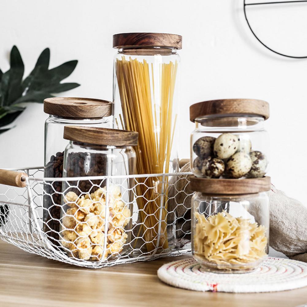 Acacia wood glass storage jar kitchen food grains coffee beans flower tea sealed jar transparent storage storage tank