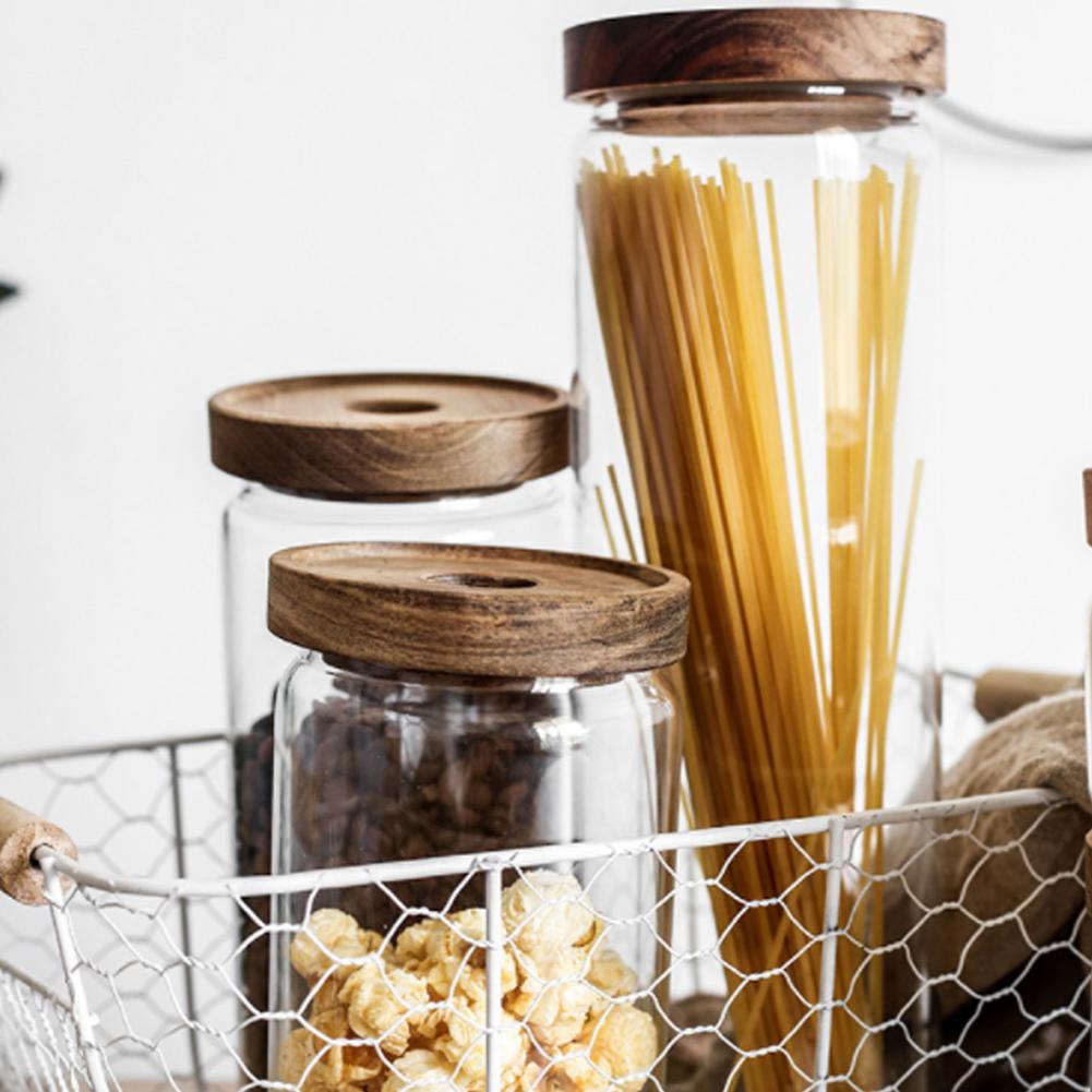 Acacia wood glass storage jar kitchen food grains coffee beans flower tea sealed jar transparent storage storage tank