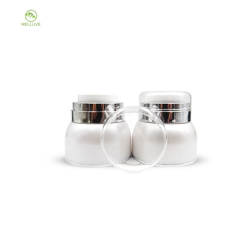 Acrylic material airless empty 30g 50g white PMMA sealable plastic cosmetic cream jar with silver collar clear cover