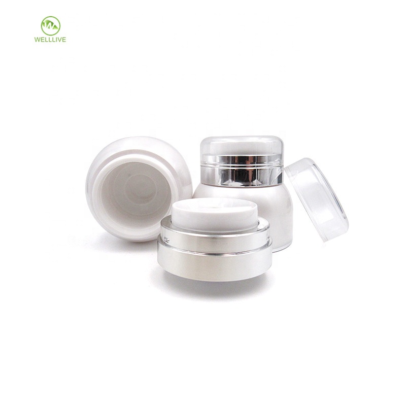 Acrylic material airless empty 30g 50g white PMMA sealable plastic cosmetic cream jar with silver collar clear cover
