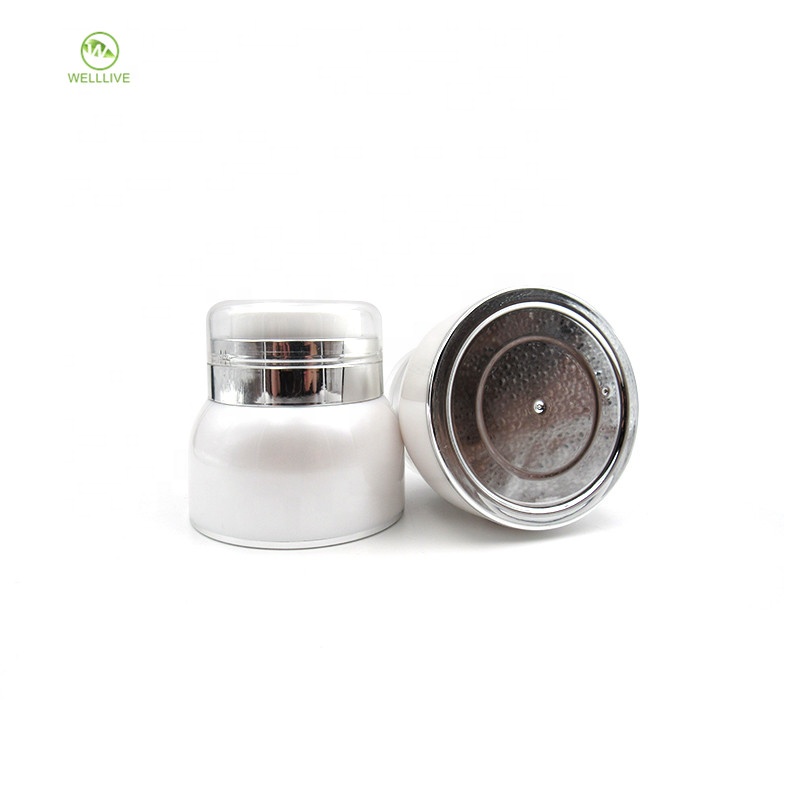 Acrylic material airless empty 30g 50g white PMMA sealable plastic cosmetic cream jar with silver collar clear cover