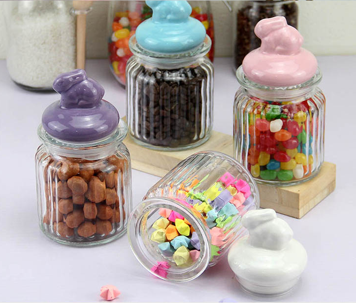 Aeofa 300ll rabbit cap sweet glass candy jar easter bunny candy jars with bunny shape cap
