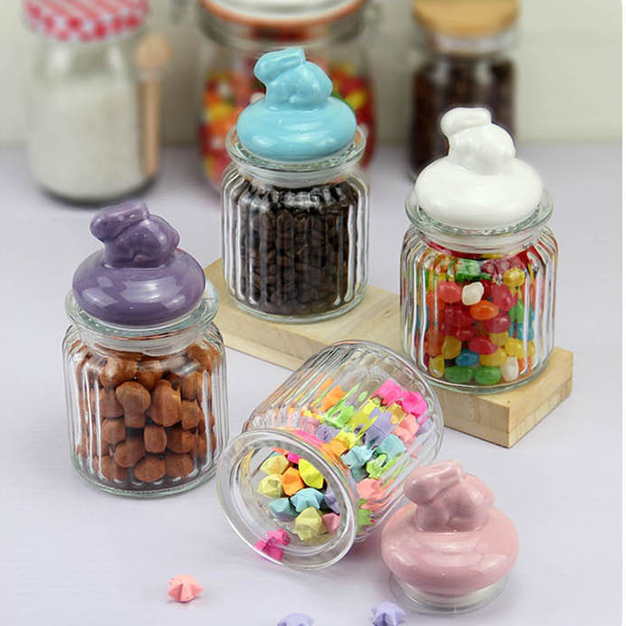 Aeofa 300ll rabbit cap sweet glass candy jar easter bunny candy jars with bunny shape cap