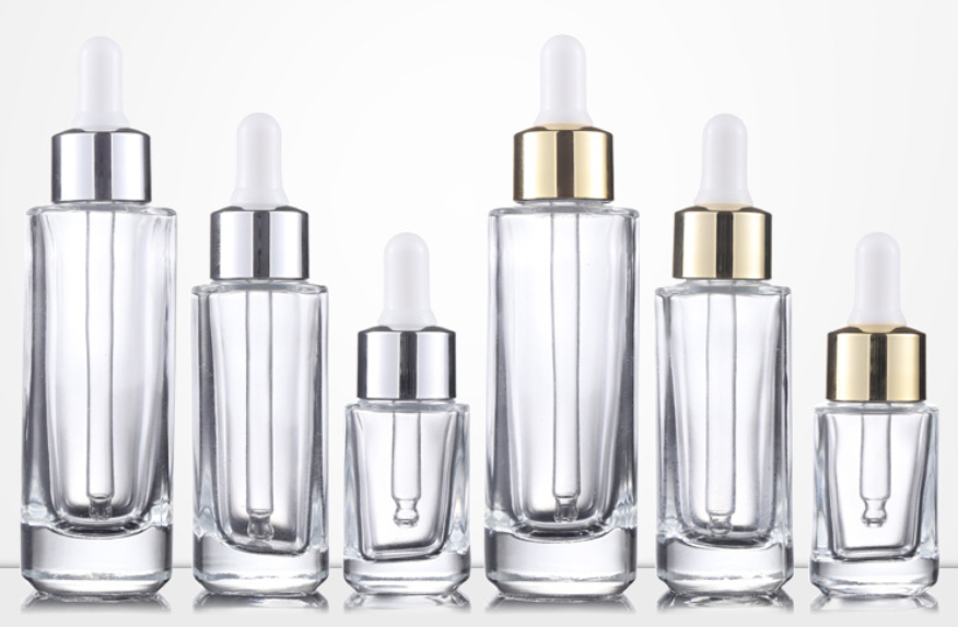 AiXin Private Label Cosmetic Dropper Bottle With Gold Cap Sliver Cap Transparent Luxury Empty Square Glass Dropper Bottle
