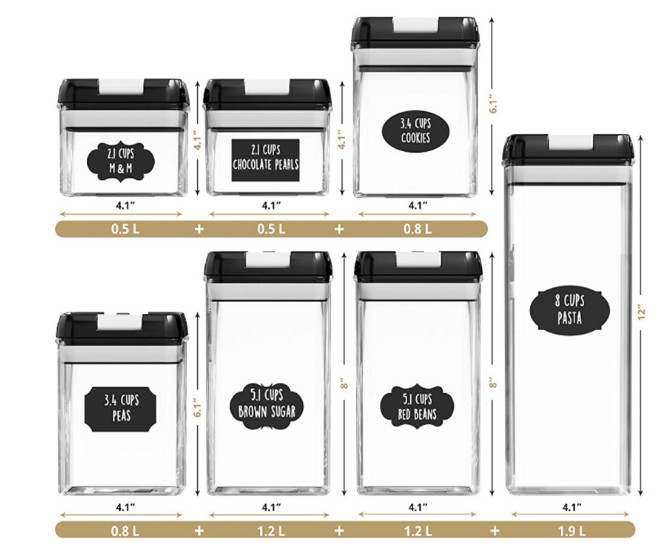 Air Tight Clear Plastic Cereal Containers Set Of 7 With Easy-Locking Lids For Storage Coffee Dry Food Grains