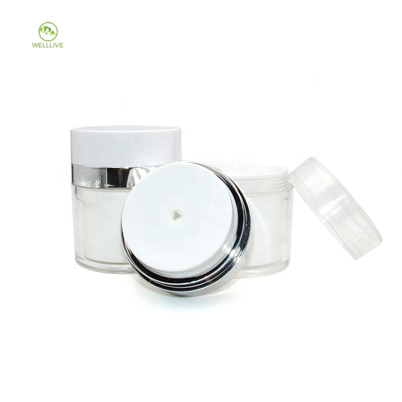 Airless pump jar 30g 30ml pearl white round acrylic medicine cream container vacuum plastic jar with clear cover