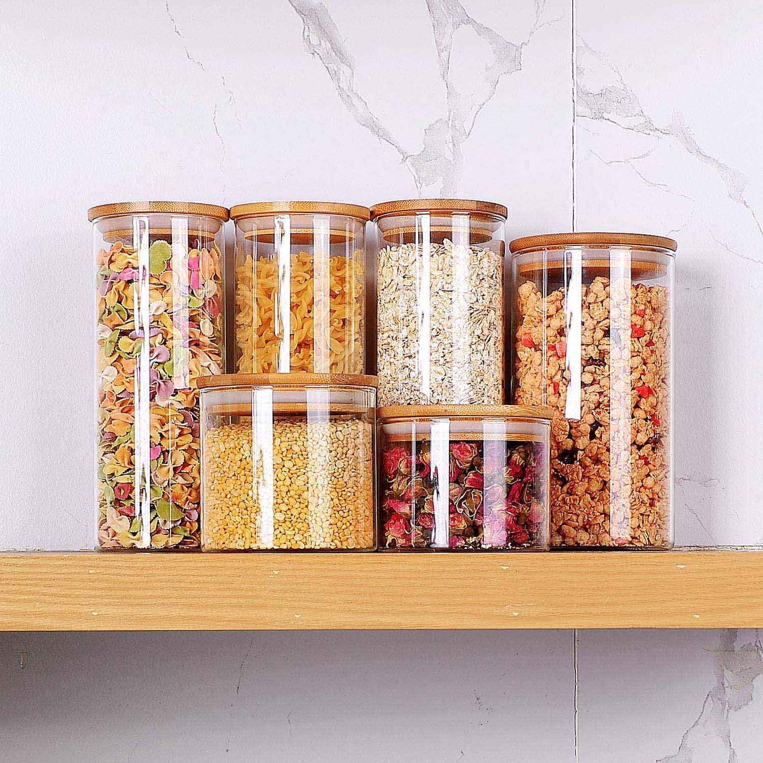 Airtight Canisters for Bulk Food Storage Set BPA Free High Borosilicate Glass Cookies Jar with Bamboo Lid