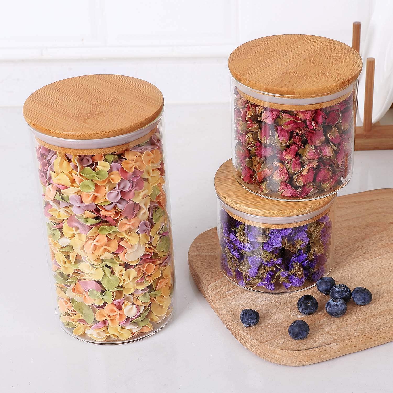 Airtight Canisters for Bulk Food Storage Set BPA Free High Borosilicate Glass Cookies Jar with Bamboo Lid
