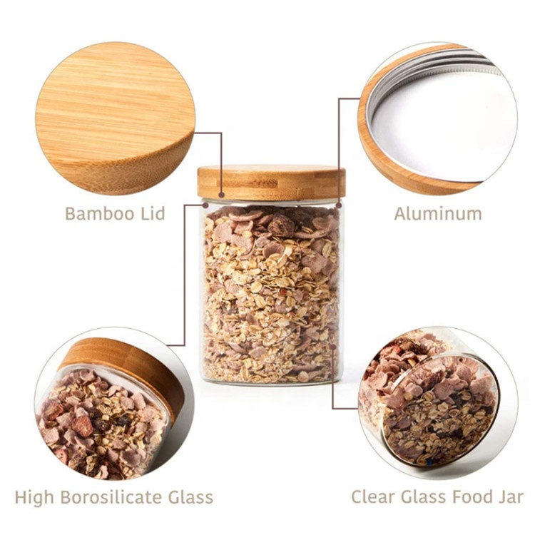 Airtight Food Grade Bamboo High Borosilicate Glass Container Canister