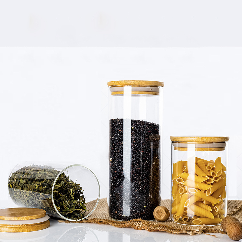 Airtight Food Grade Borosilicate Bamboo Lid Clear Empty Cylinder Container Kitchen Glass Jars Storage