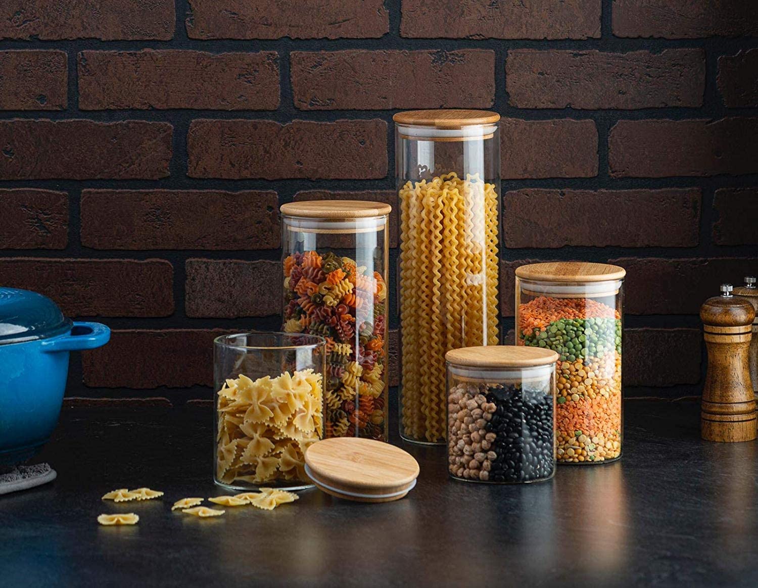 Airtight Glass Storage Canister Set Clear Glass Jars Set Of 5 With Bamboo Cover For Kitchen Grains Nuts Spices Cereal