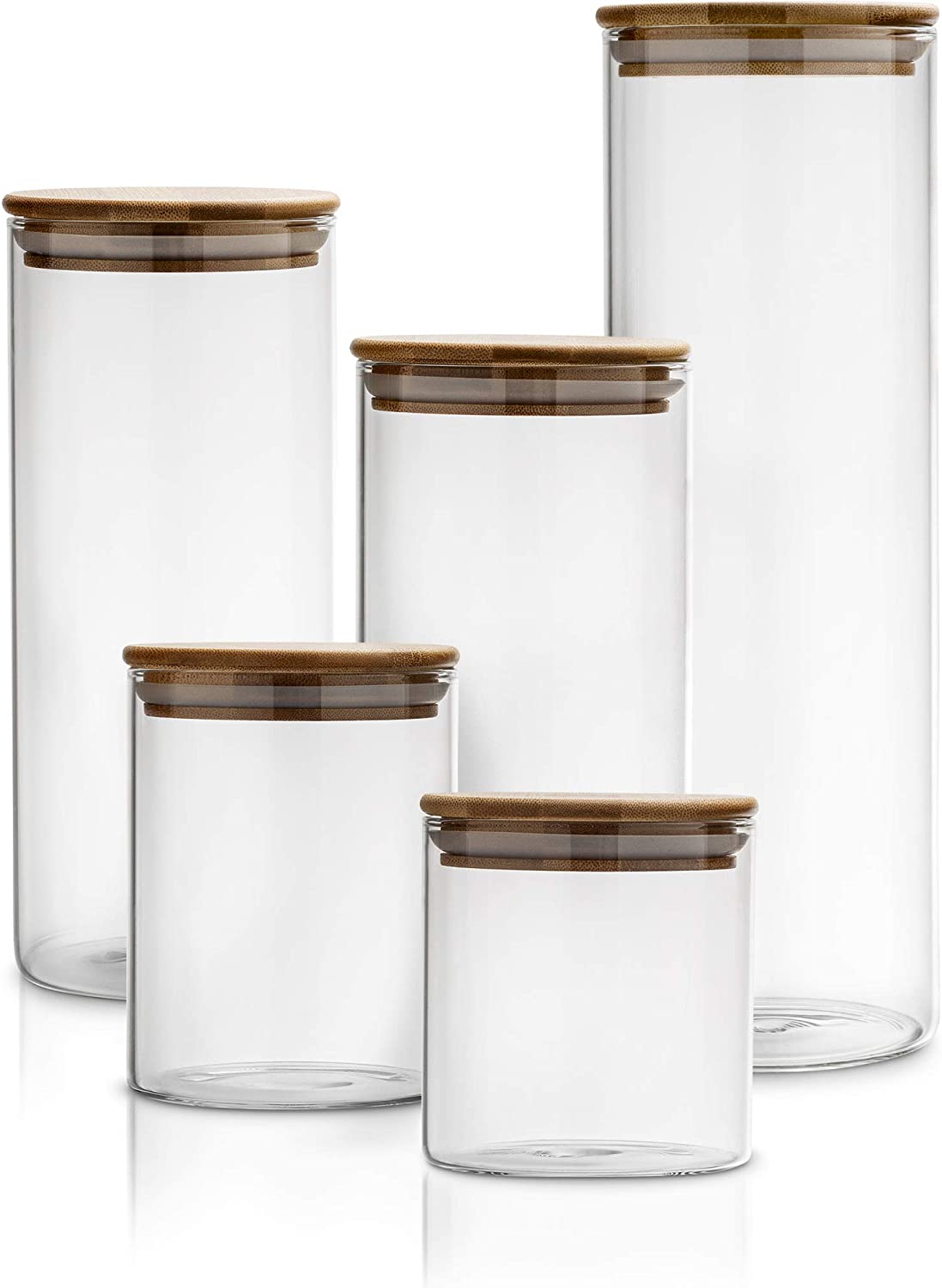 Airtight Glass Storage Canister Set Clear Glass Jars Set Of 5 With Bamboo Cover For Kitchen Grains Nuts Spices Cereal