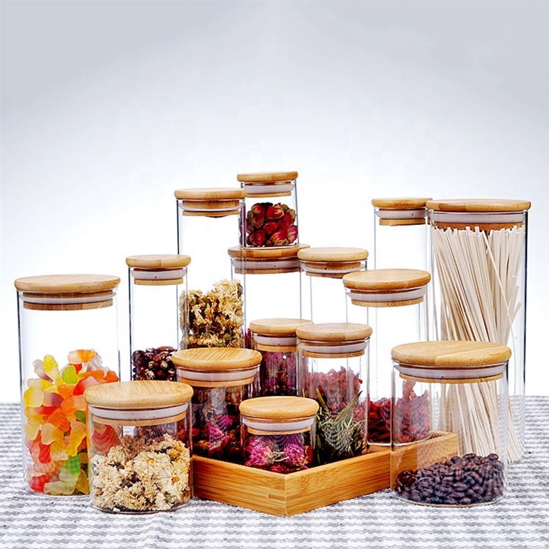 Airtight Sealed Food Storage Borosilicate Glass Jar With Bamboo Lid and Rubber Ring
