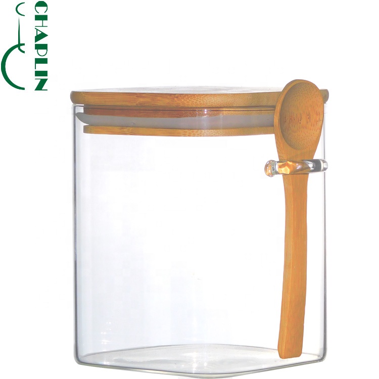 Airtight Square Glass Storage Jar Smell Proof Pop Top Weed Container Cover Packaging Food with spoon