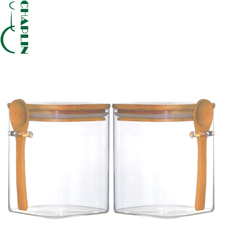 Airtight Square Glass Storage Jar Smell Proof Pop Top Weed Container Cover Packaging Food with spoon