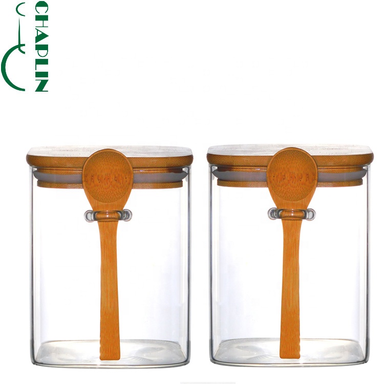 Airtight Square Glass Storage Jar Smell Proof Pop Top Weed Container Cover Packaging Food with spoon