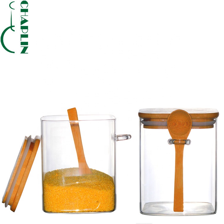 Airtight Square Glass Storage Jar Smell Proof Pop Top Weed Container Cover Packaging Food with spoon